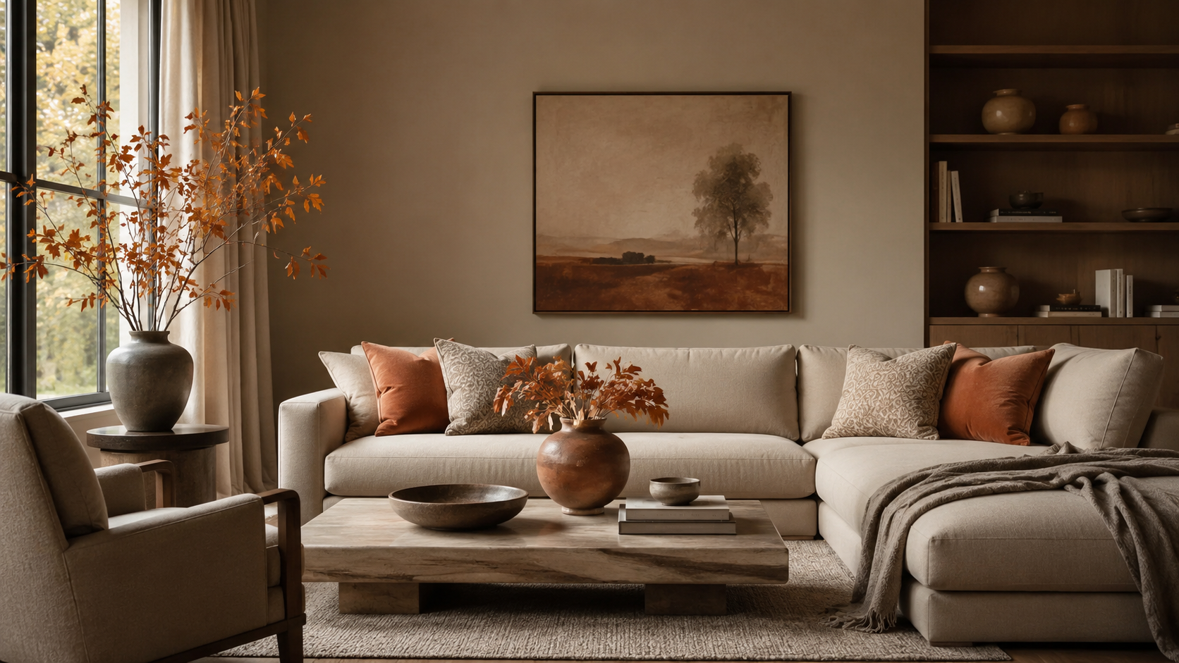 Moody Chocolate Brown Living Room with Soft Lighting